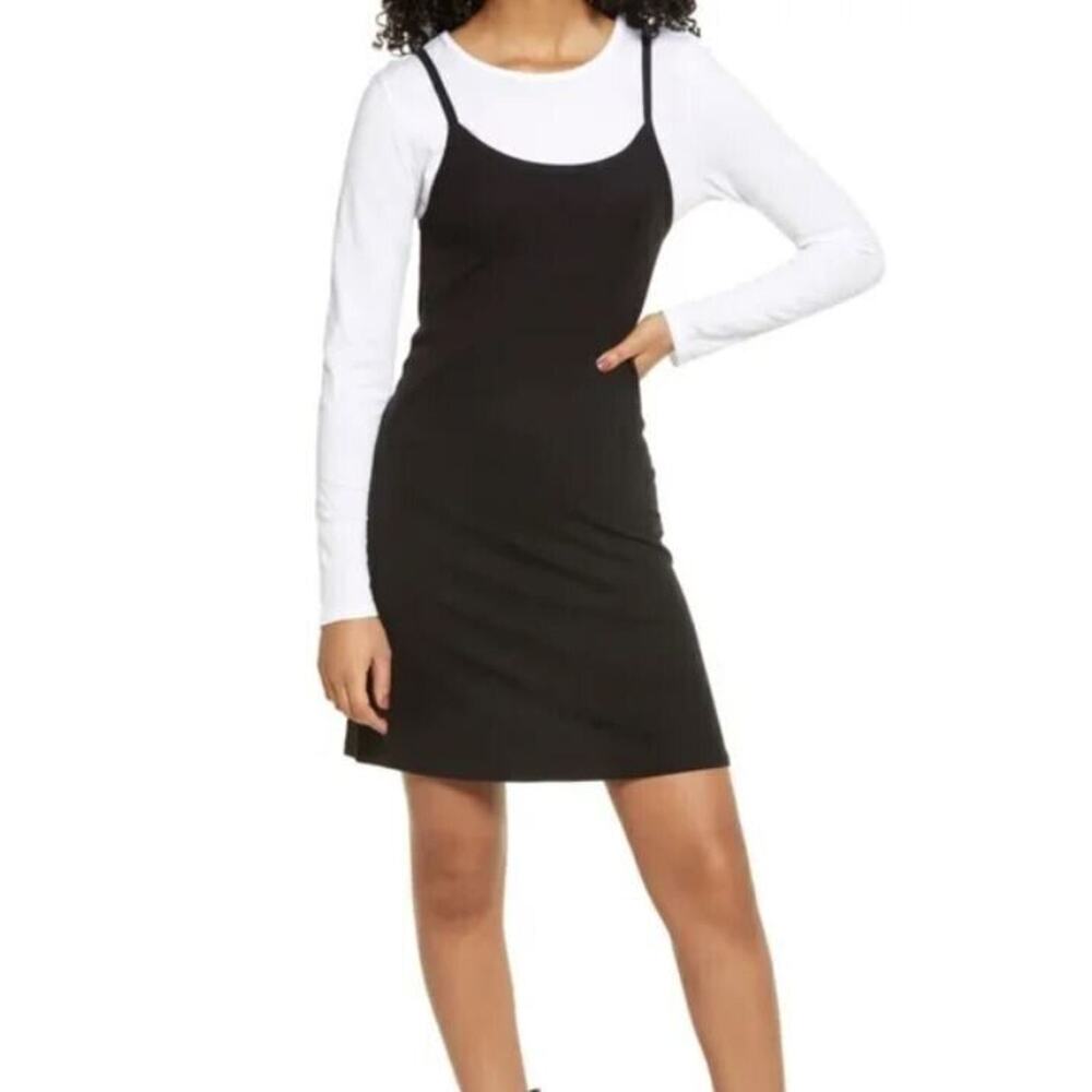 BP. Women's Layered Long Sleeve Ribbed Minidress in Black/White‎ Medium $49